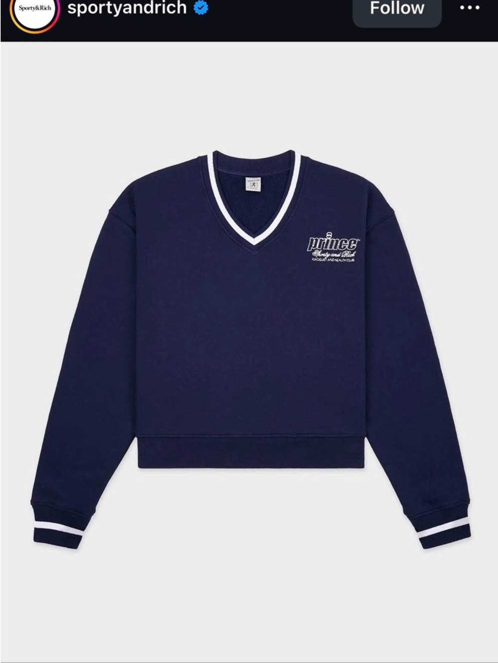 Sporty & Rich Navy Crew Sweater with White Trim